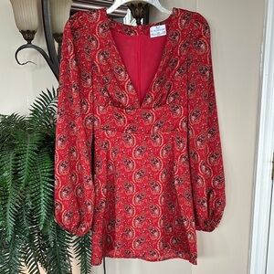 NWOT Seven Wonders Blondie Dress Mini Red Paisley V-Neck Boho Balloon Sleeves